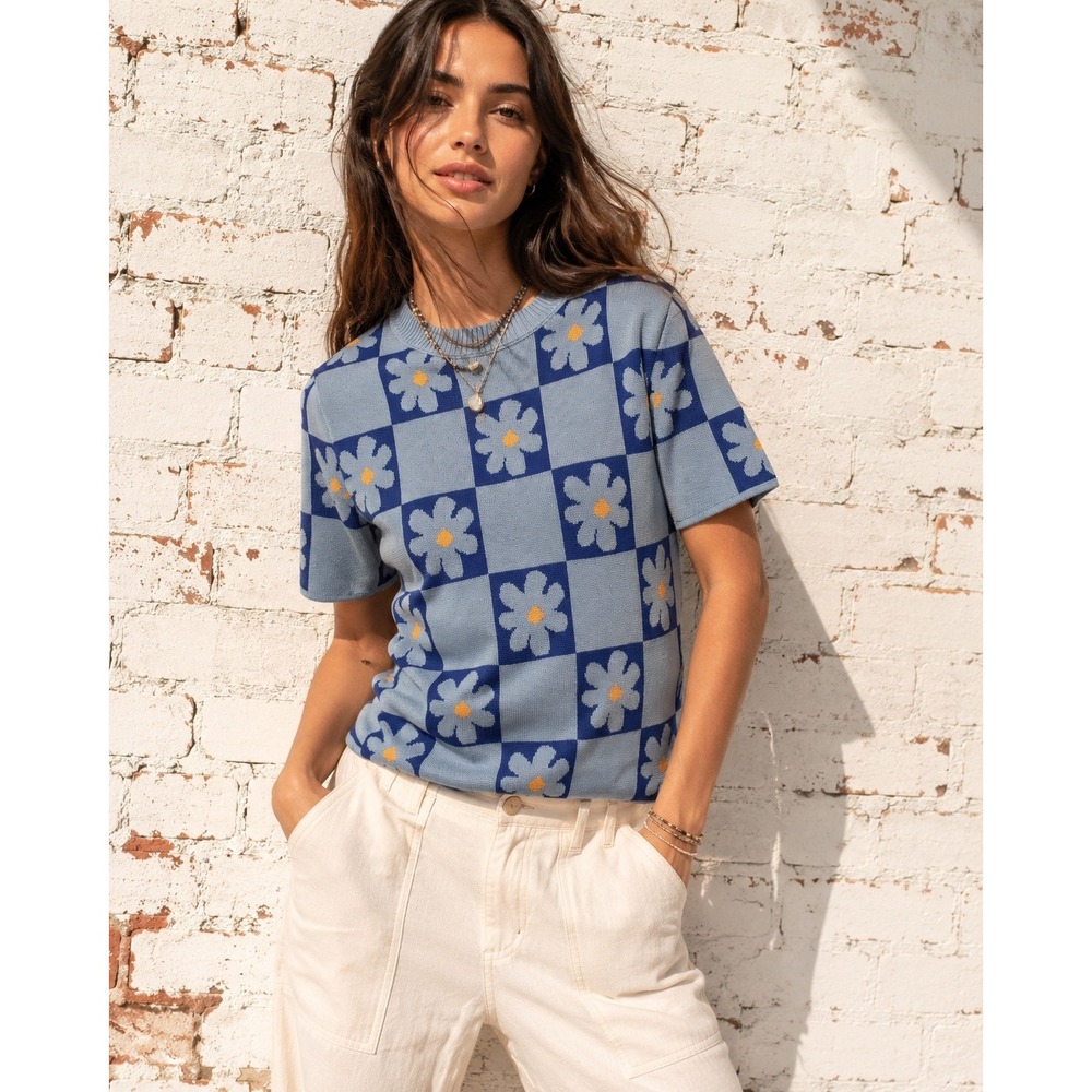 Light Blue Floral Check Knit Tee Sweater